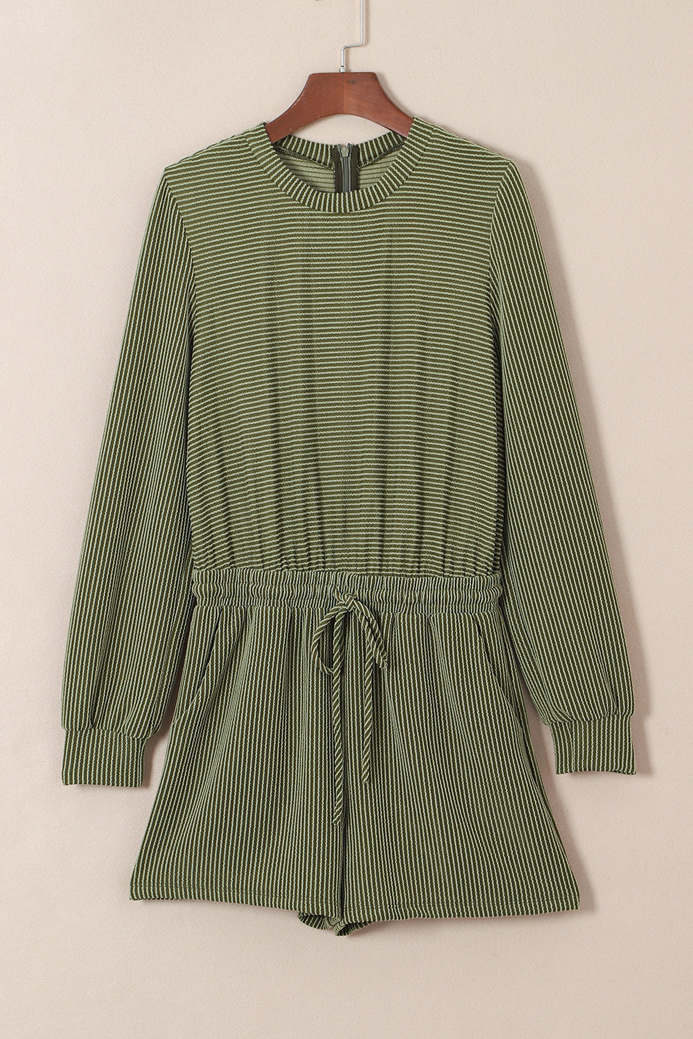 Pickle Green Corded Long Sleeve Pockets Drawstring Romper