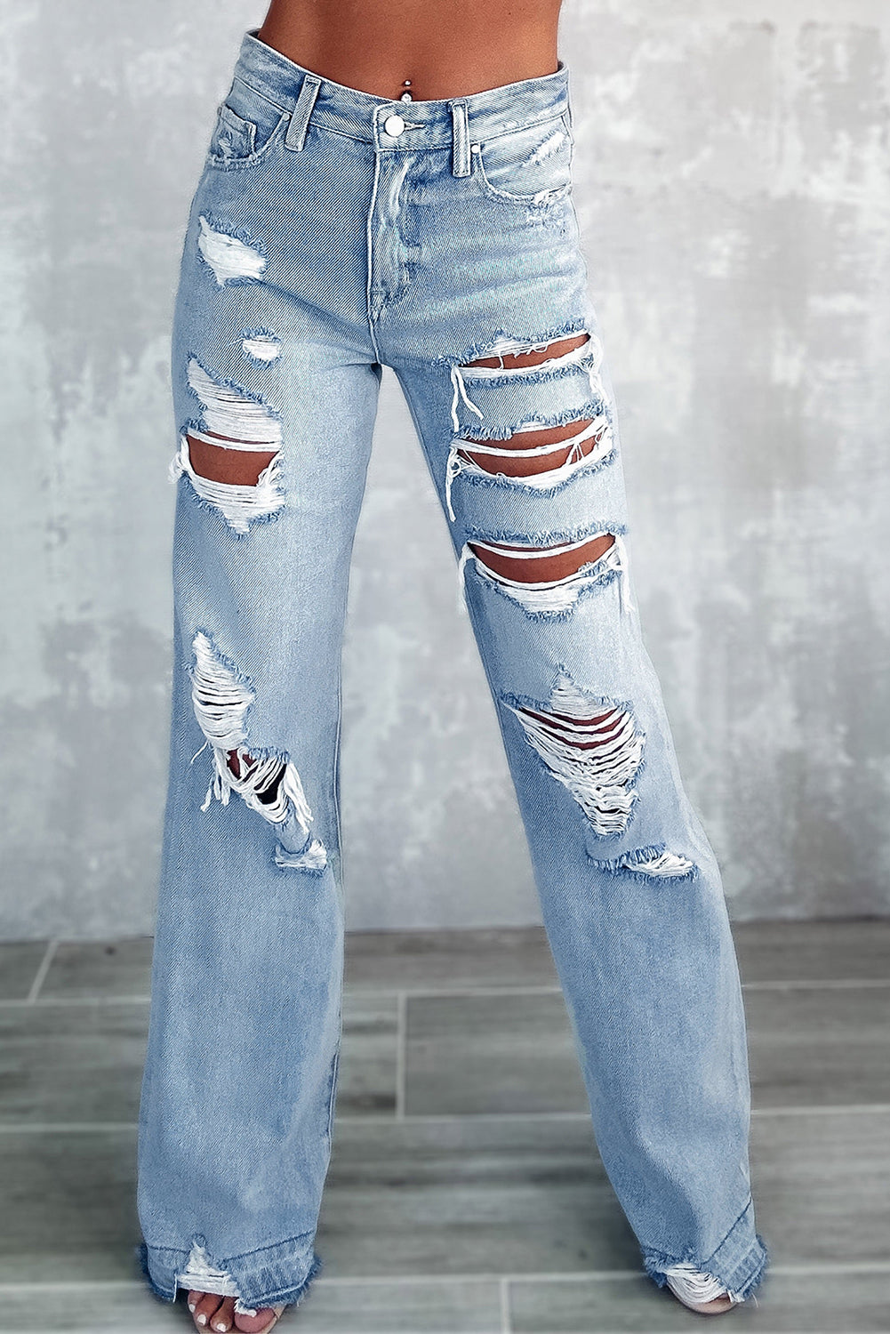 Sky Blue Vintage Distressed Ripped Wide Leg Jeans