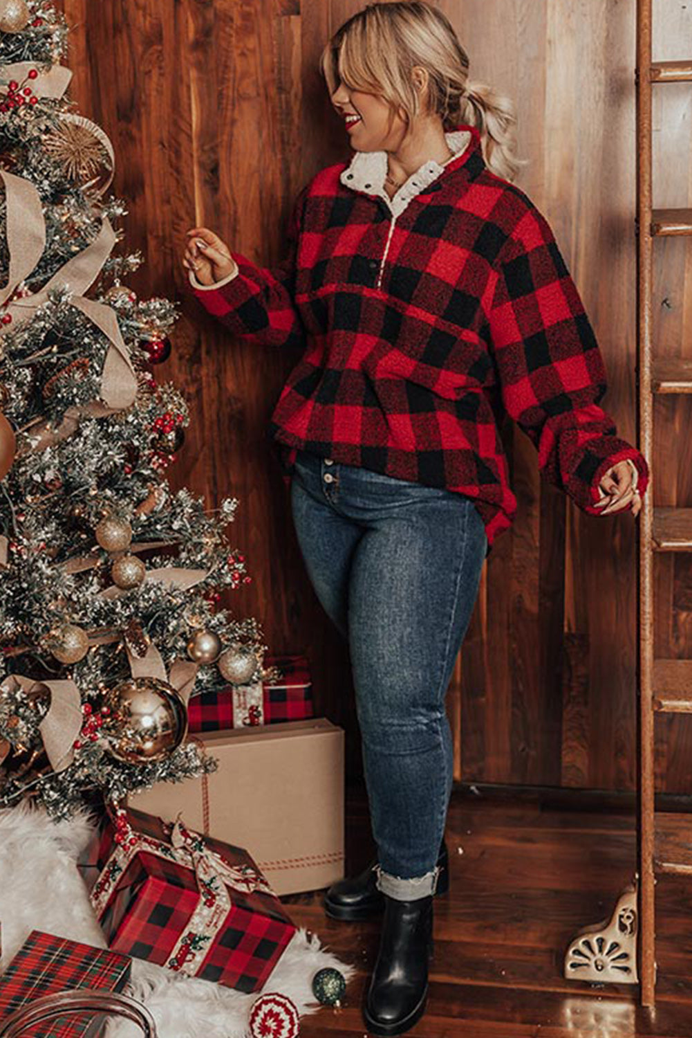 Red Plus Size Buffalo Plaid Sherpa Henley Sweatshirt