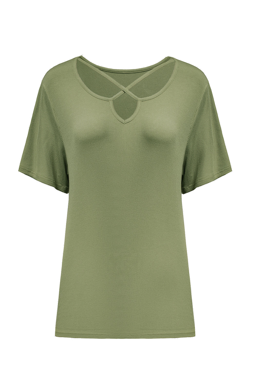 Army Green Casual Crisscross Ribbed Knit  Plus Size Tee