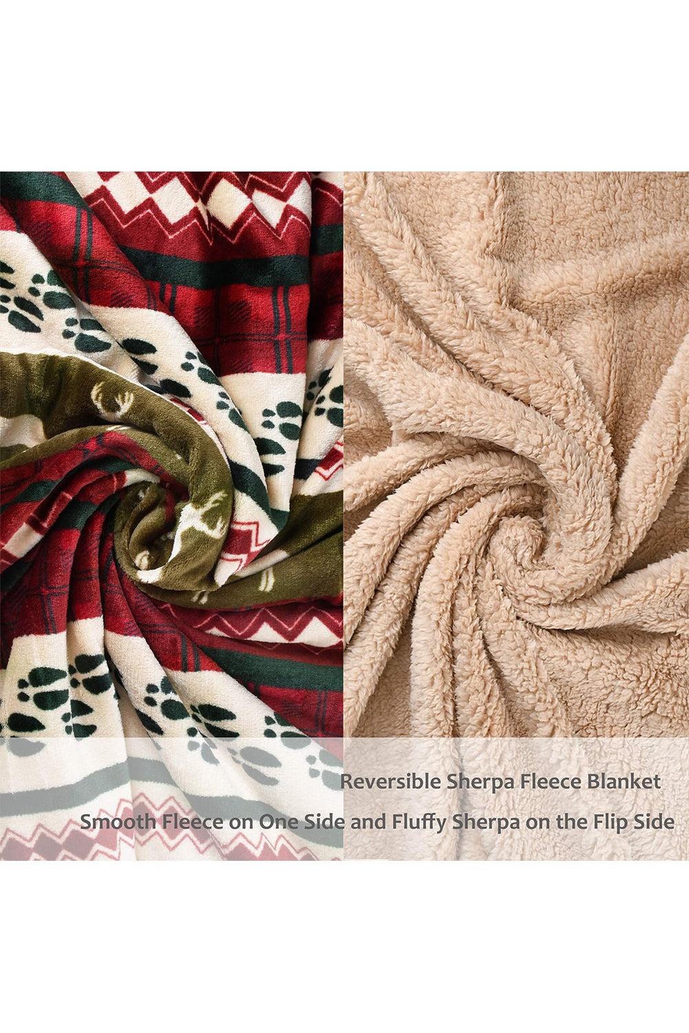 Red Christmas Elk Print Reversible Sherpa Fleece Blanket