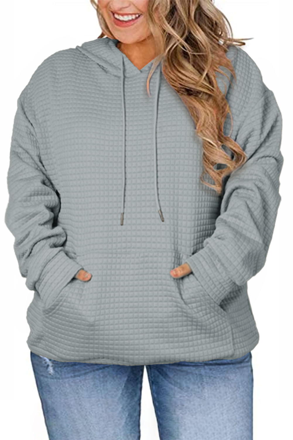 Gray Plain Kangaroo Pockets Quilted Plus Size Hoodie