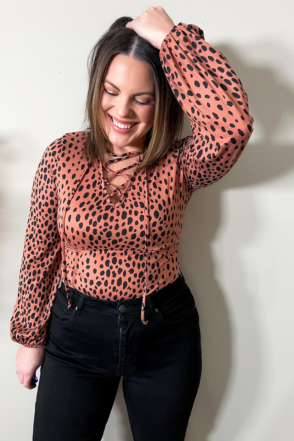 Leopard Plus Size Puff Sleeve V Neck Lace-up Slim Top