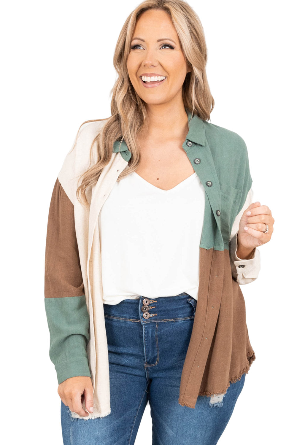 Green Colorblock Button-Up Long Sleeve Plus Size Shirt