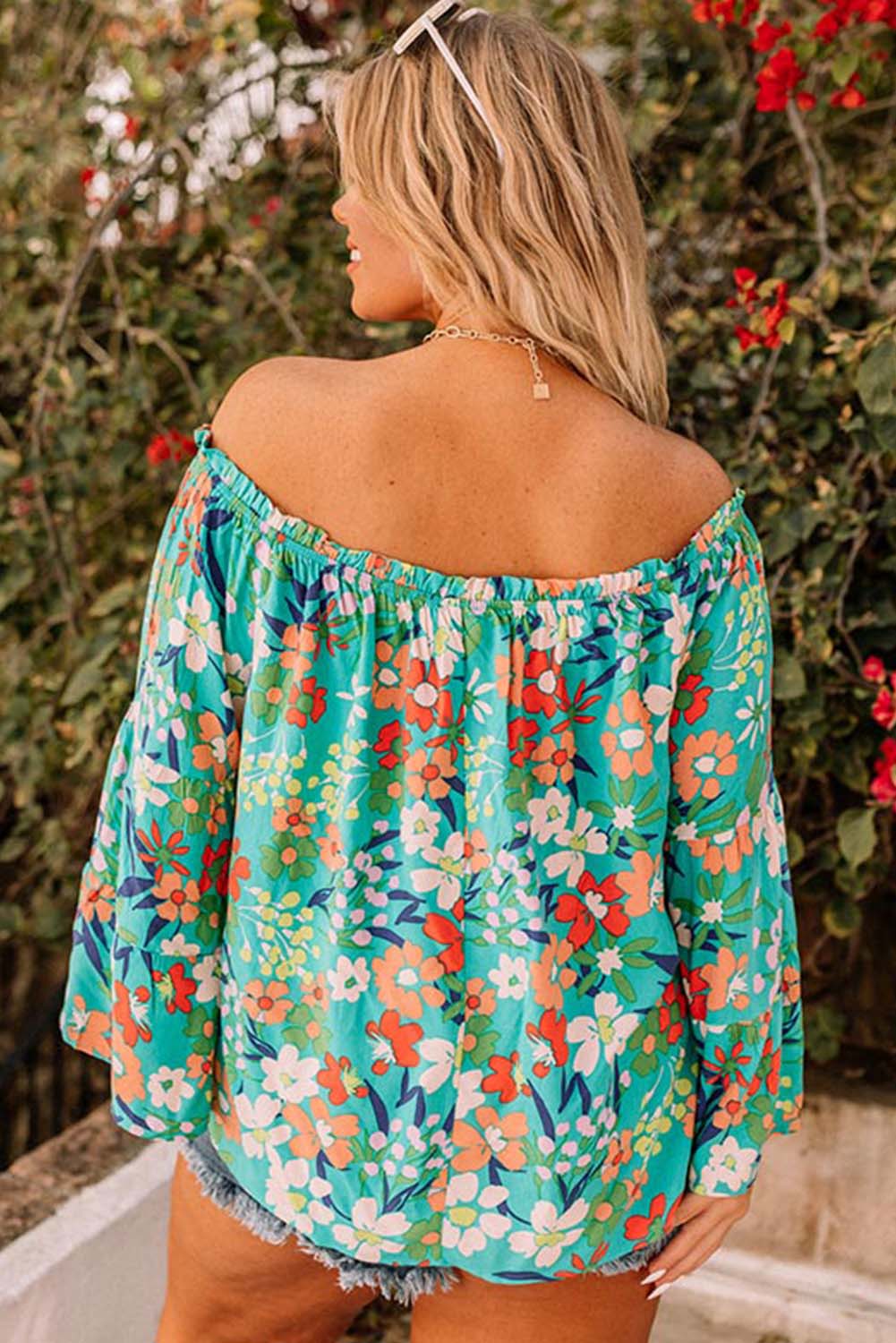 Green Floral Print Frilled Off Shoulder Plus Size Blouse