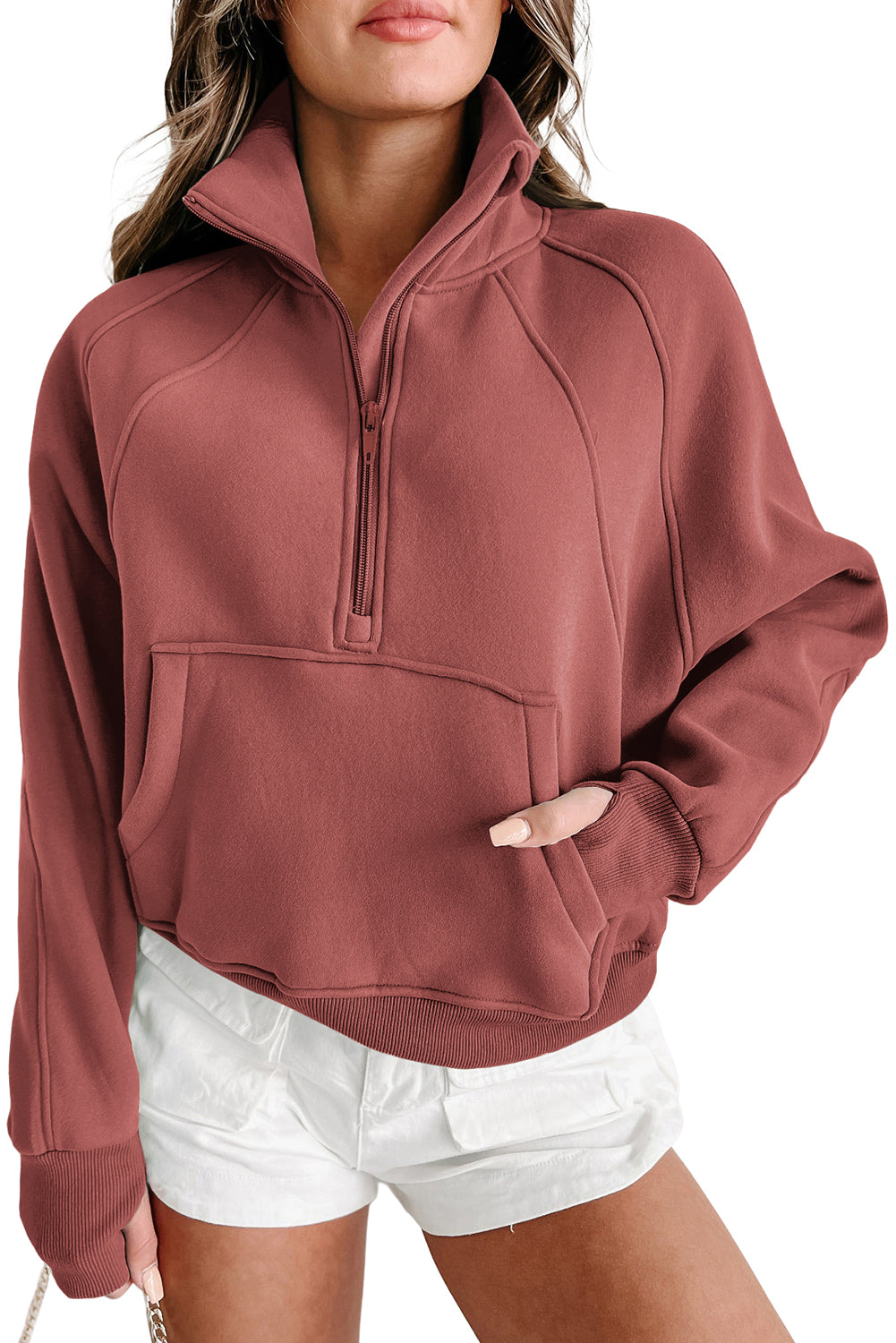 Gray Zip Up Stand Collar Ribbed Thumbhole Sleeve Sweatshirt