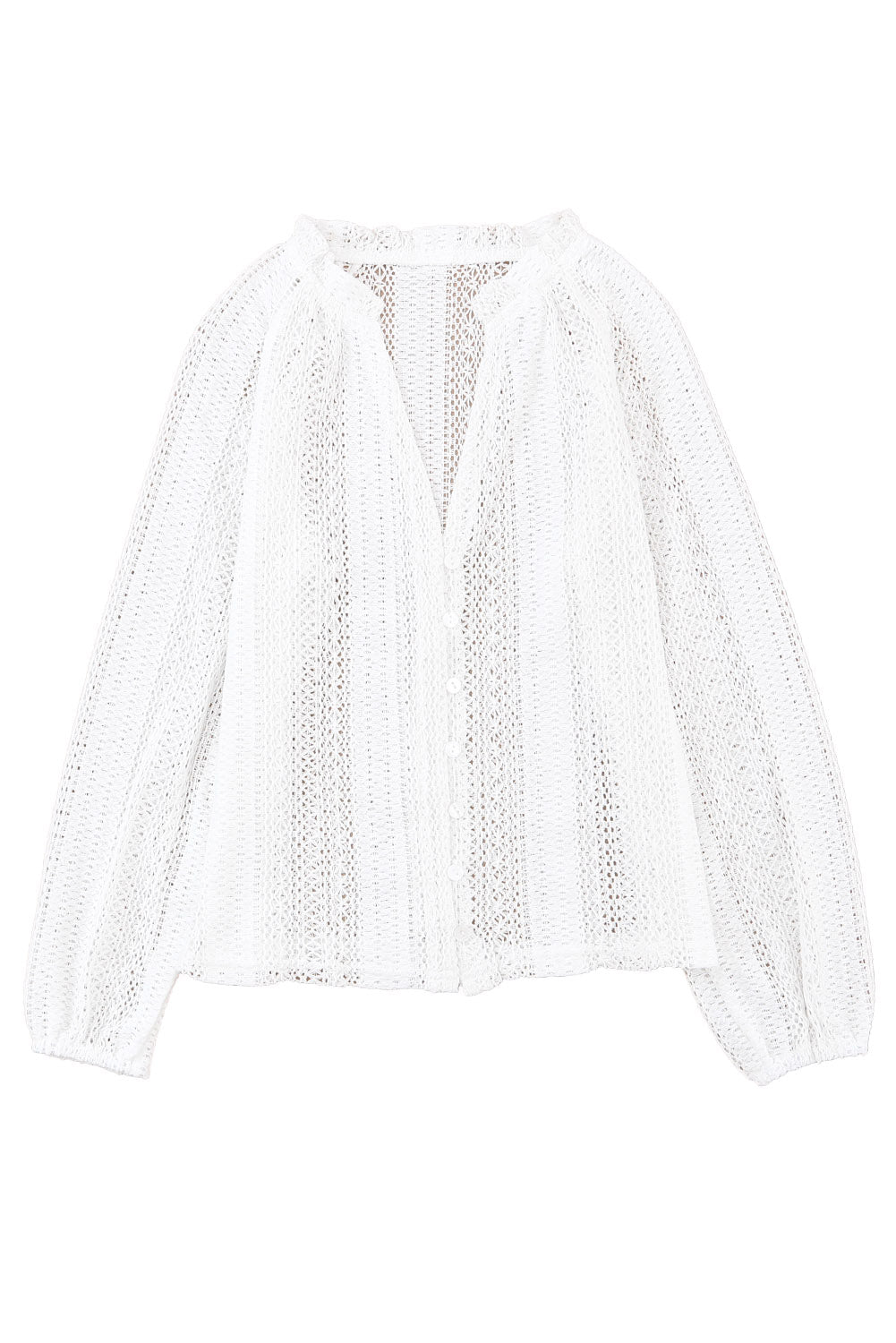 White Notch Neck Button Down Raglan Sleeve Crochet Top