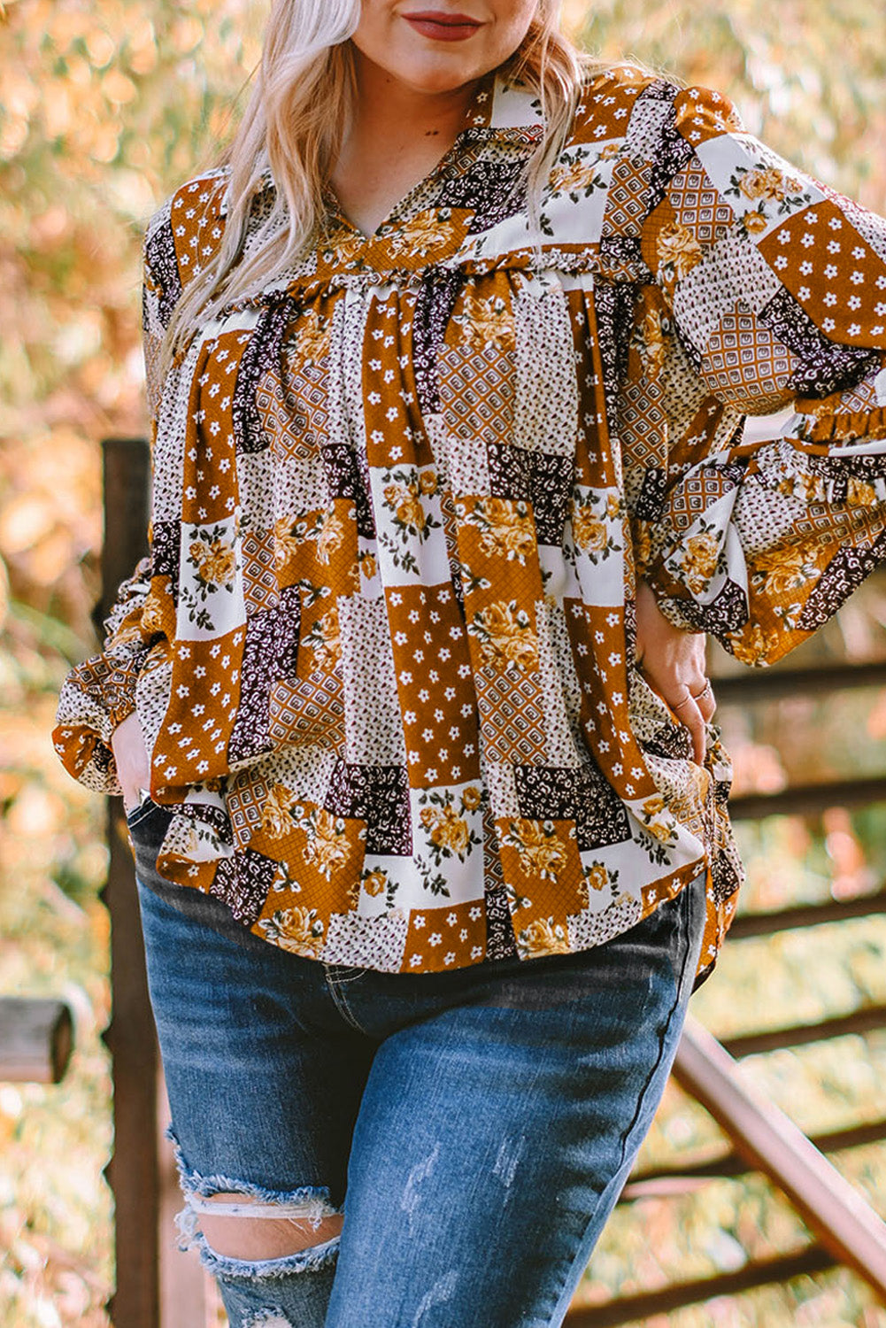 Apricot Mixed Print Turn-down Neck Plus Size Shirt