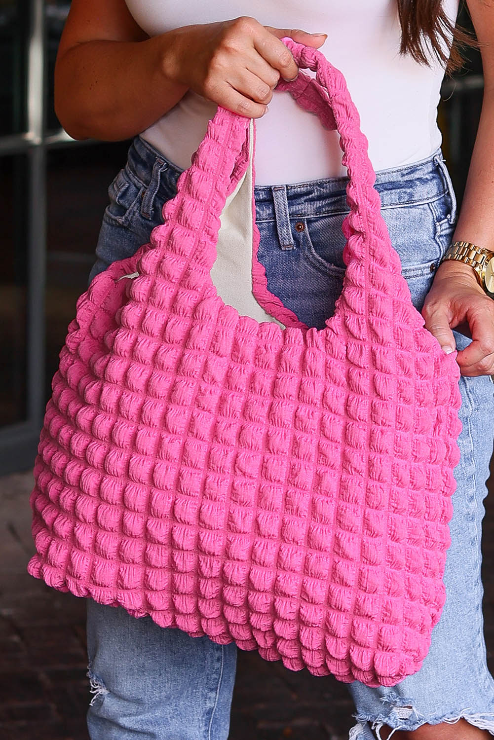 White Textured Pleated Bubble Shoulder Bag