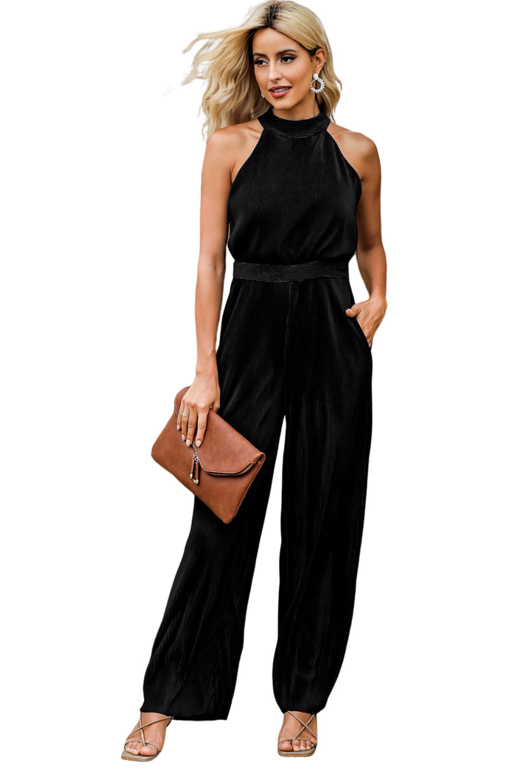 Black Button Halter Neck Keyhole Back Ribbed Jumpsuit