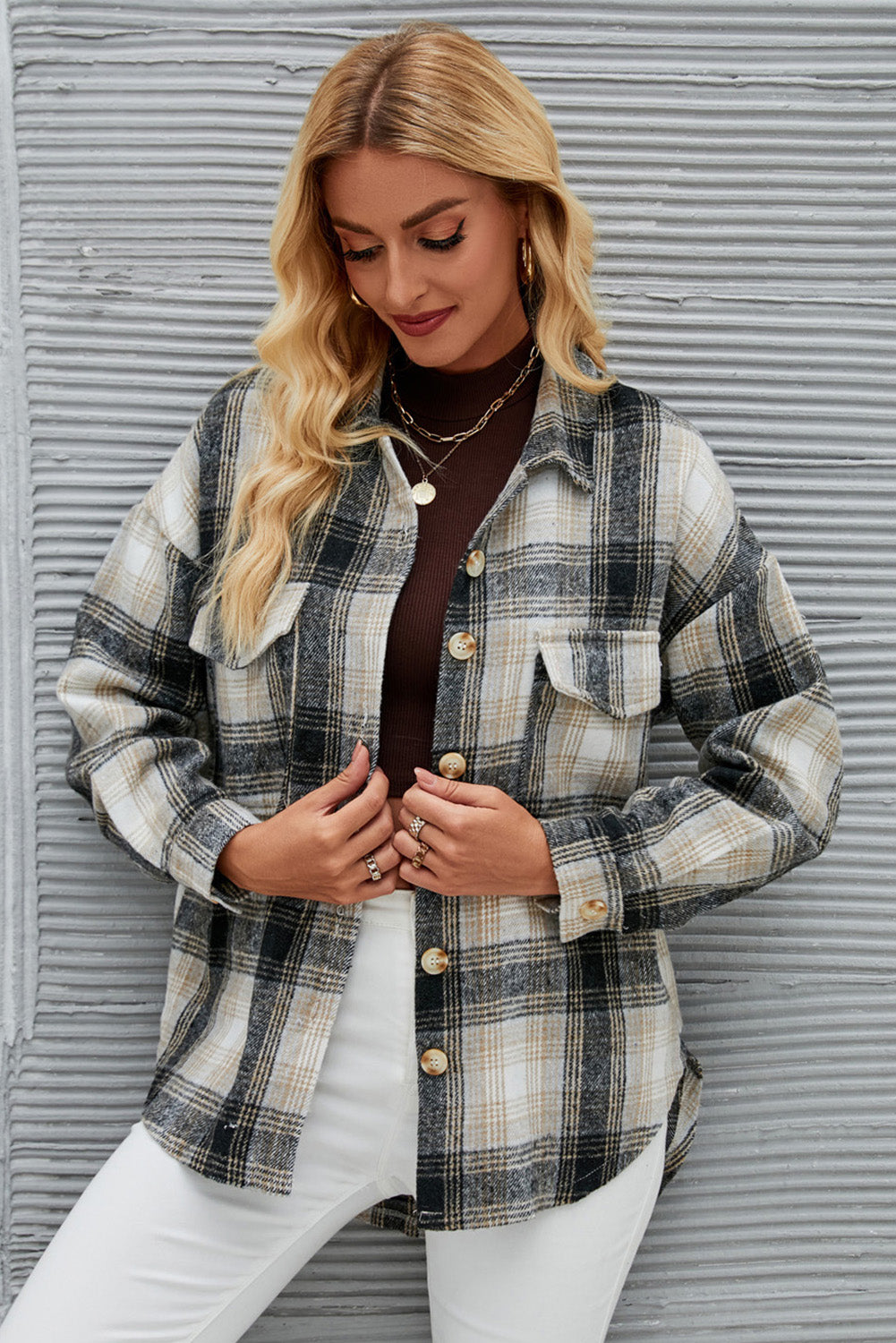 Carbon Grey Plaid Button Up Tweed Shacket