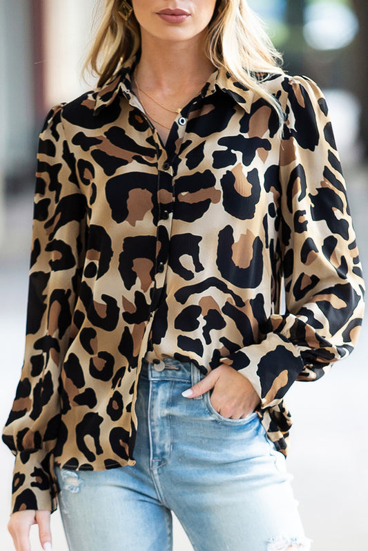 Leopard Bishop Sleeve Button Up Turn Down Collar Shirt