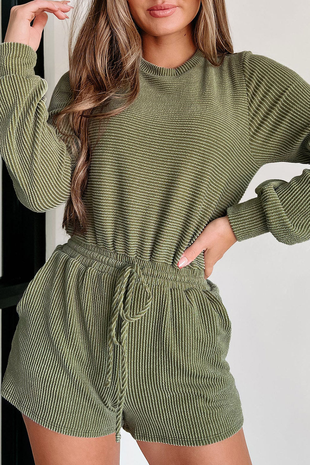 Pickle Green Corded Long Sleeve Pockets Drawstring Romper