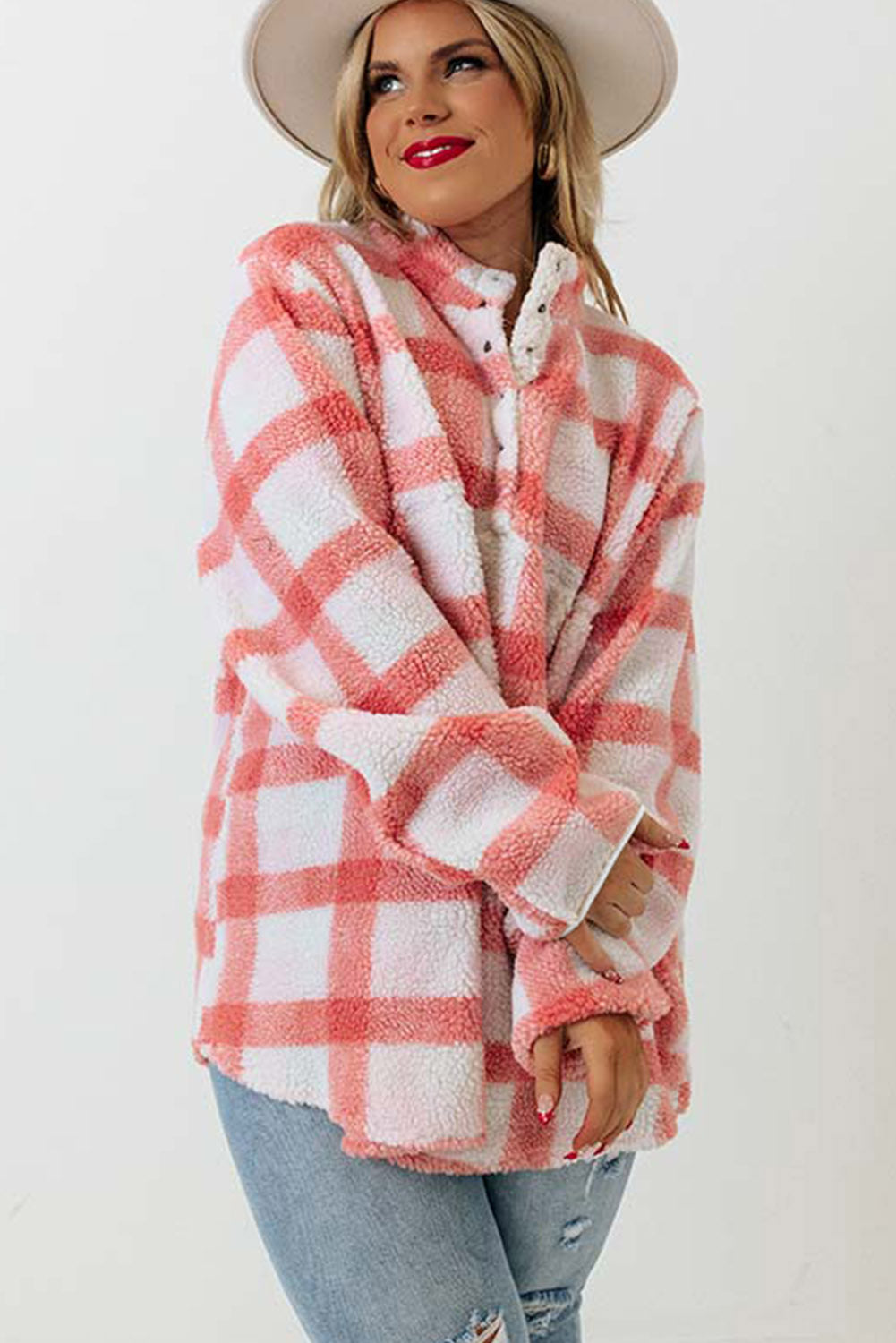 Pink Plus Size Tunic Plaid Sherpa Henley Sweatshirt