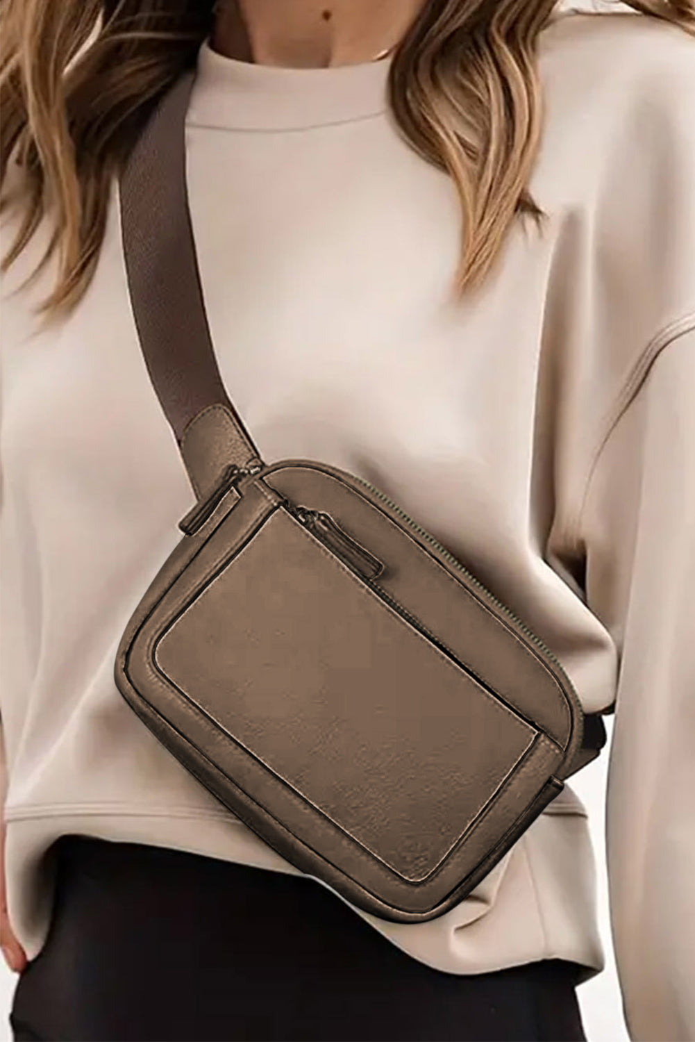 Camel Minimalist Multi-zipped Crossbody Bag