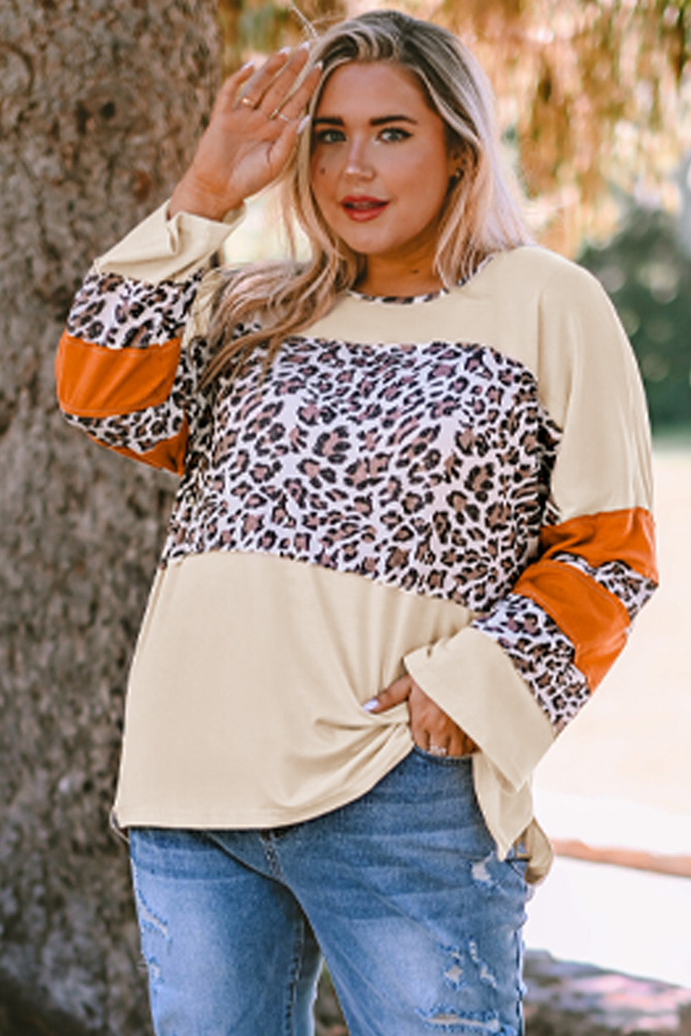 Apricot Leopard Print Color Block Patchwork Plus Size Top