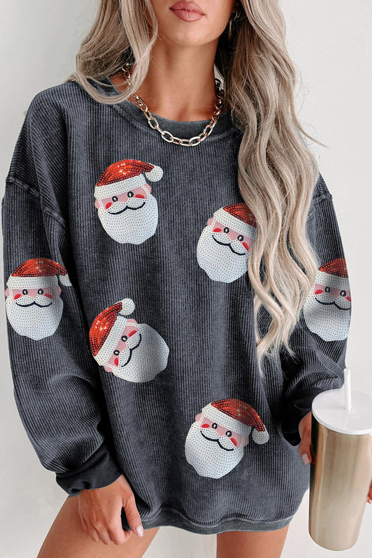 Gray Christmas Sequined Santa Claus Corded Graphic Sweatshirt