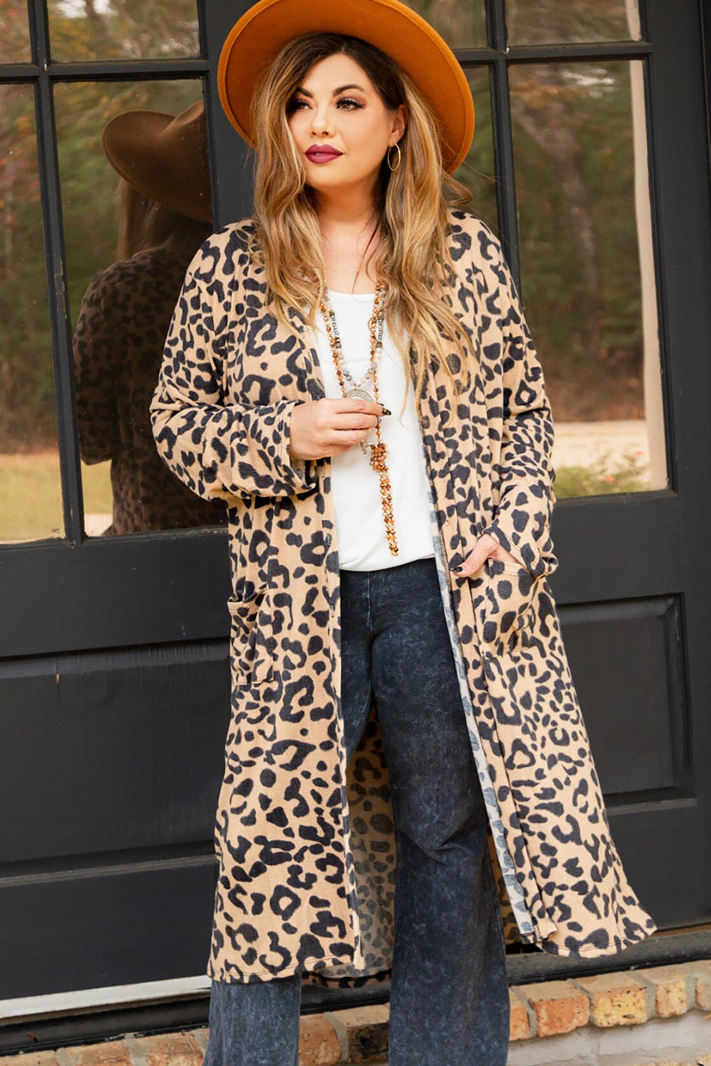 Leopard Plus Size Open Front Pocketed Long Cardigan