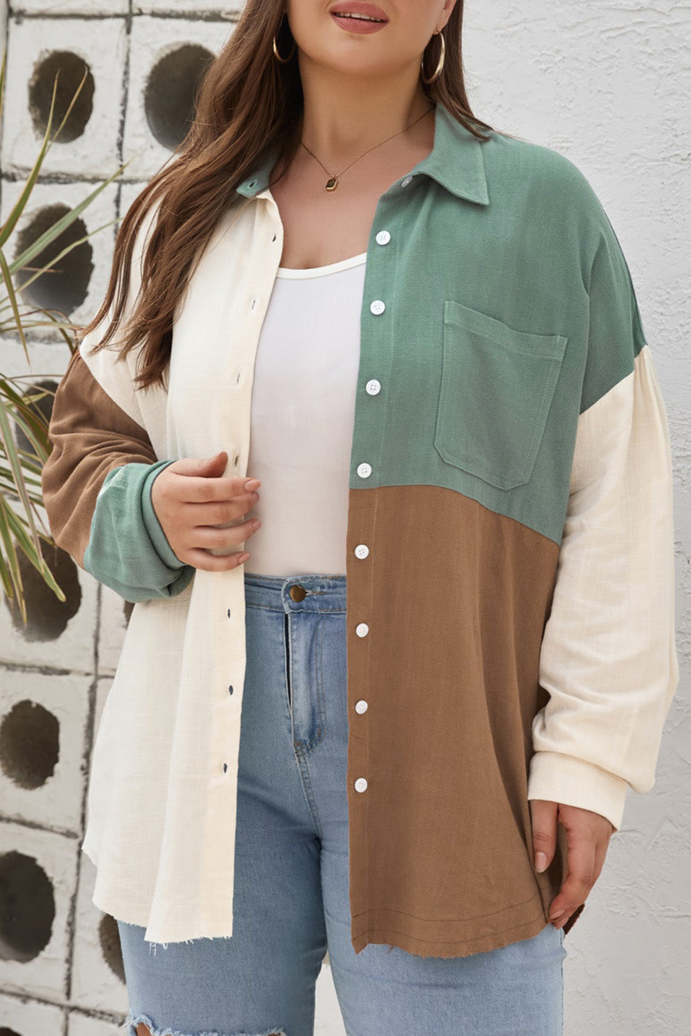 Green Colorblock Button-Up Long Sleeve Plus Size Shirt