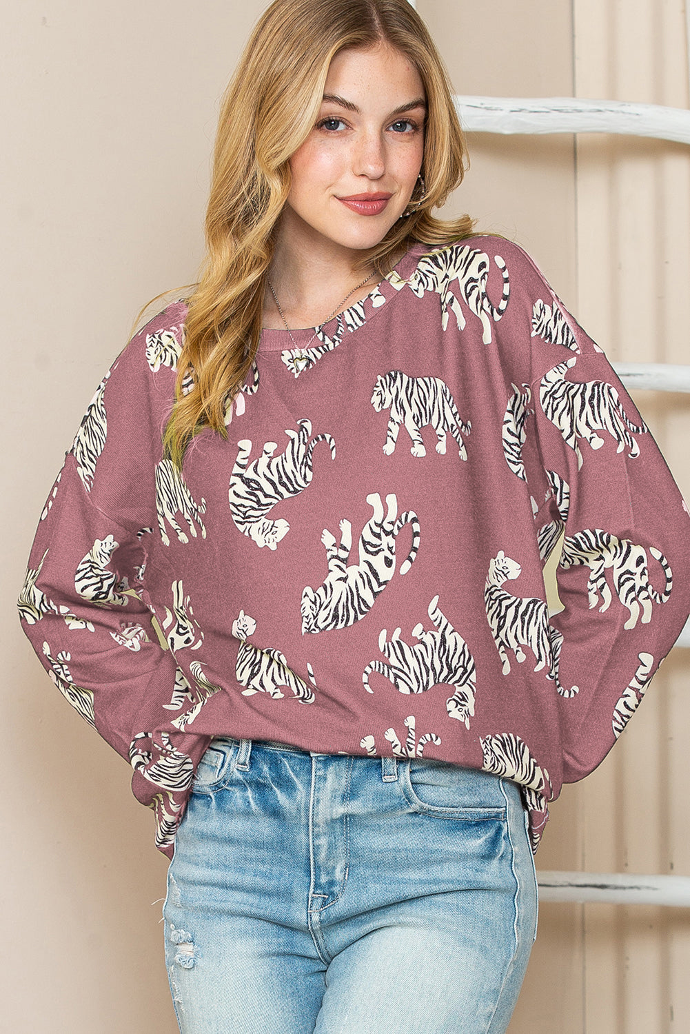 Animal Print Drop Sleeve Pullover Sweatshirt