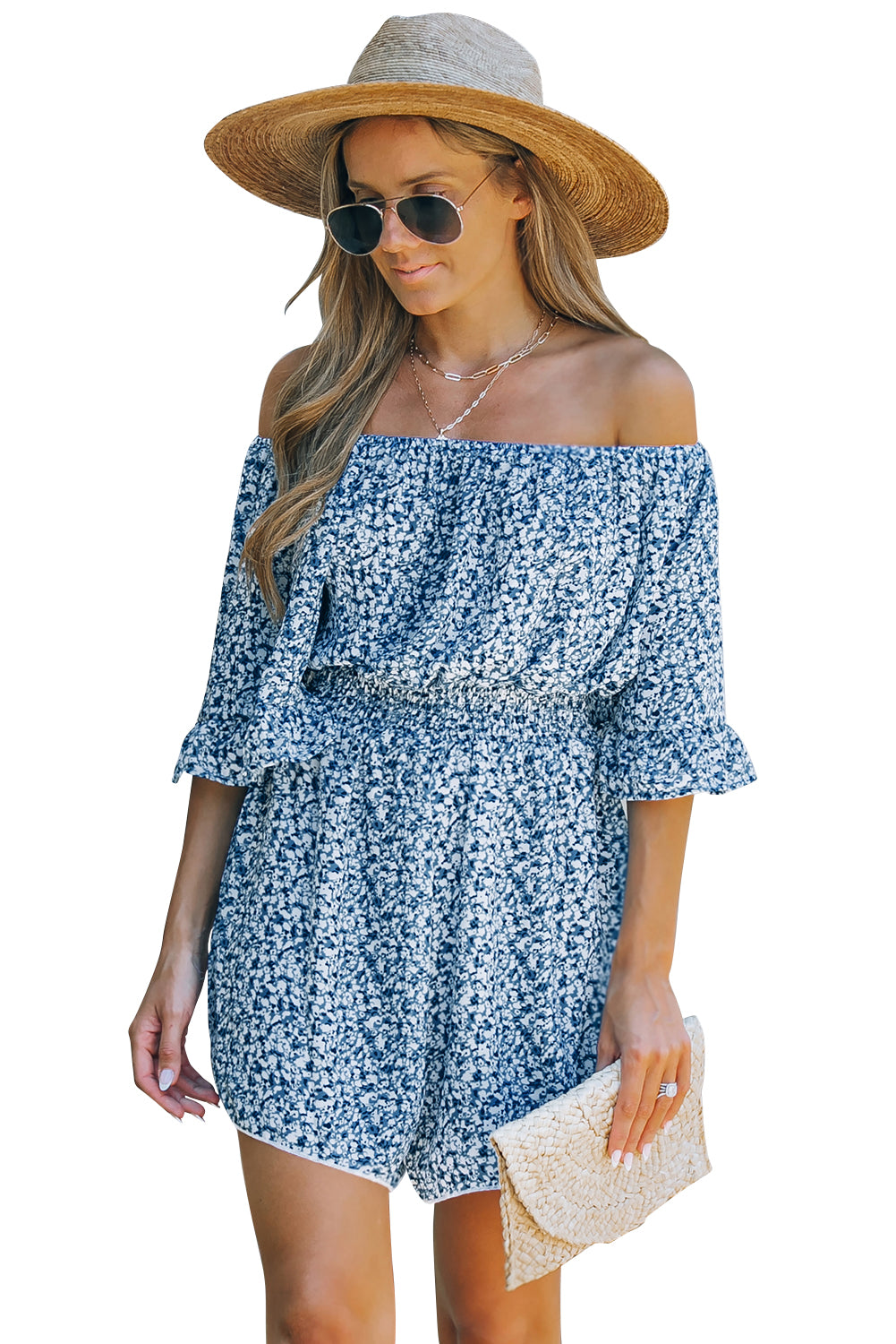 Dark Blue Shirred Ditsy Floral Bell Off Shoulder Romper