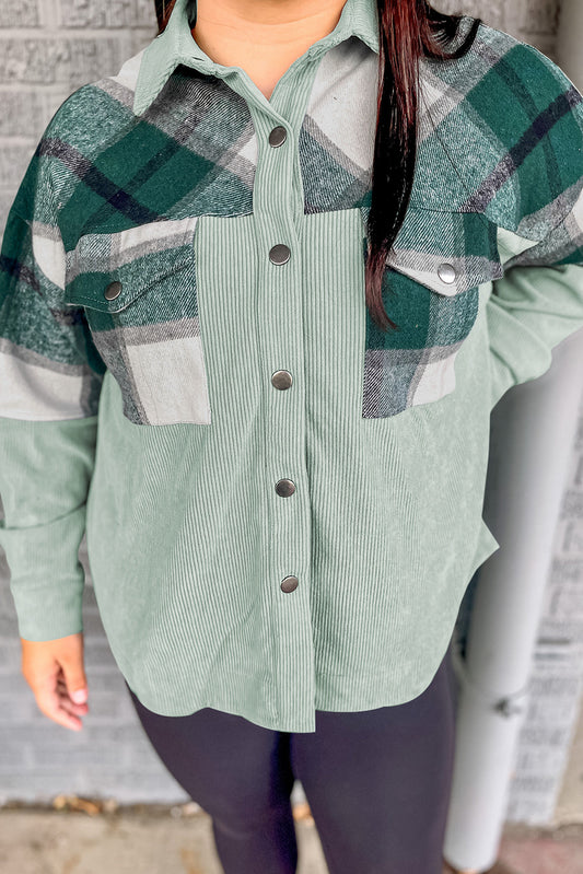 Green Plaid Patchwork Plus Size Corduroy Shacket