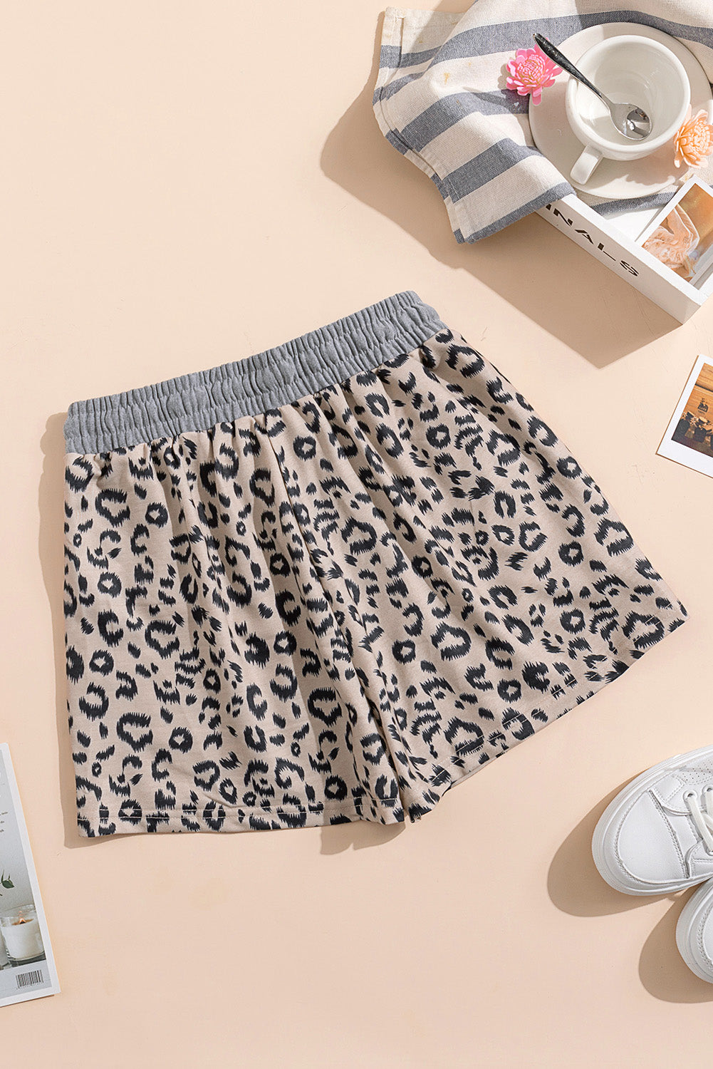 Khaki Leopard Print Drawstring Waist Shorts