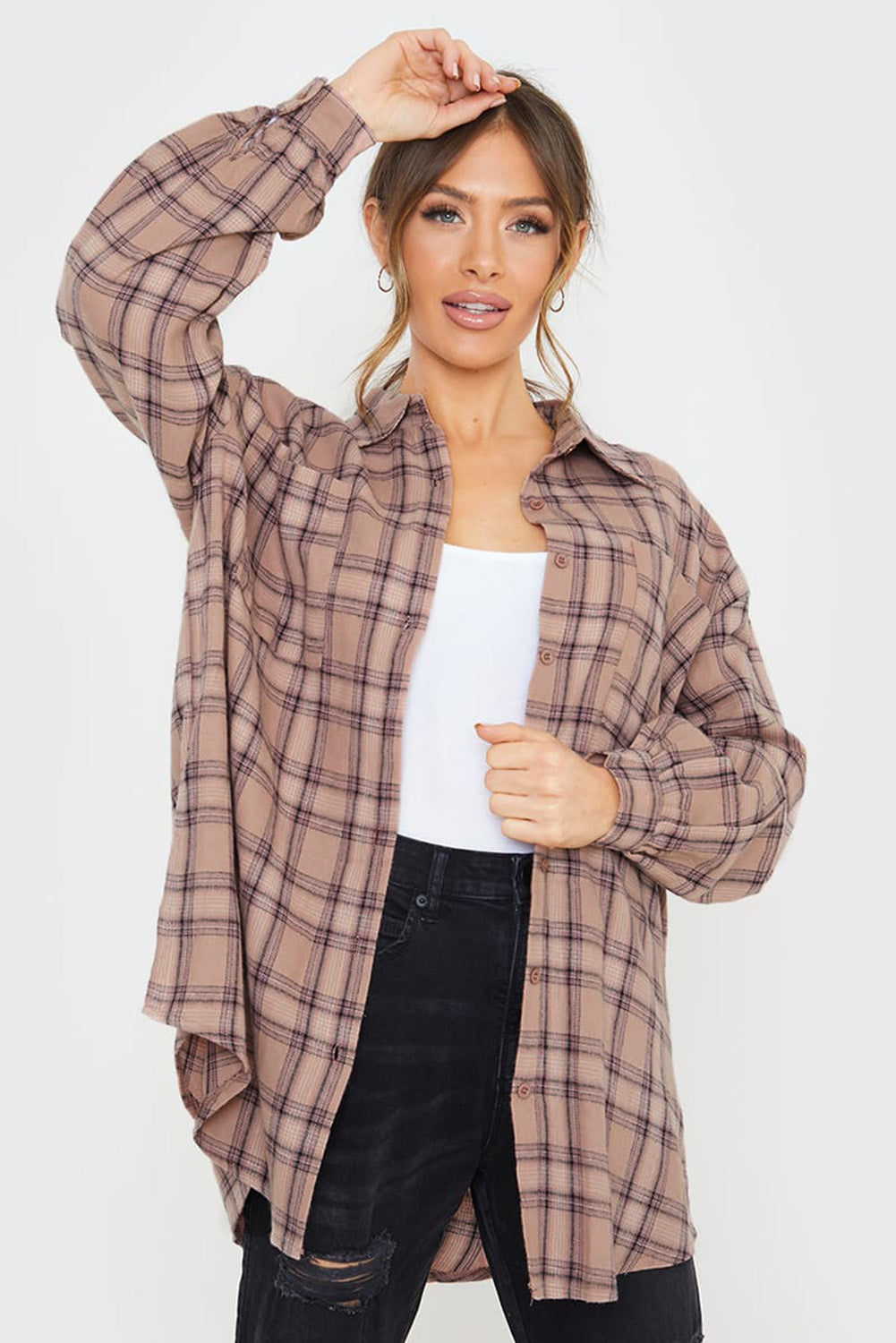 Pink Plus Size Plaid Print Buttoned Oversized Tunic Shirt