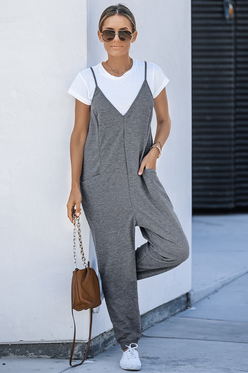 Gray Casual Textured Sleeveless V-Neck Pocketed Jumpsuit