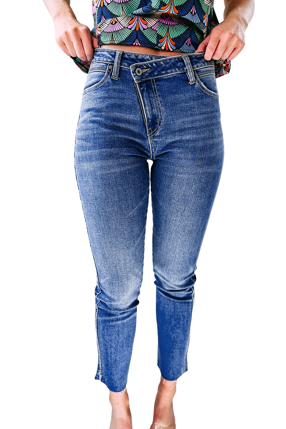 Sky Blue Asymmetrical Skew Button Zip Fly Skinny Jeans