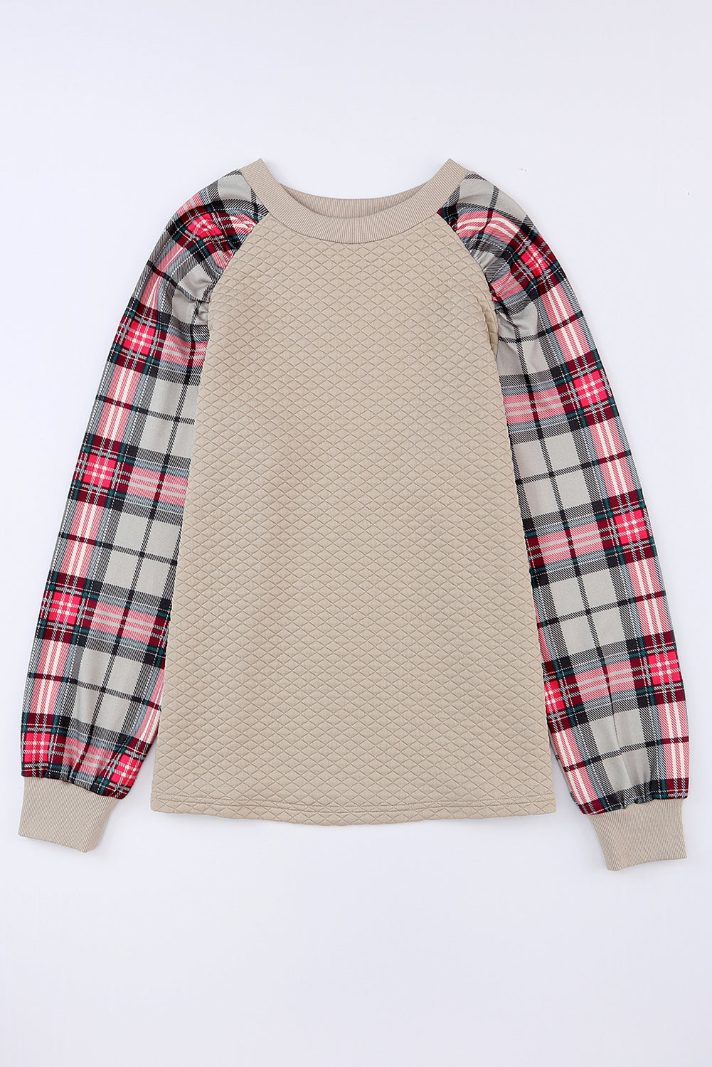 Brown Plaid Print Waffle Quilted Raglan Sleeve Sweatshirt