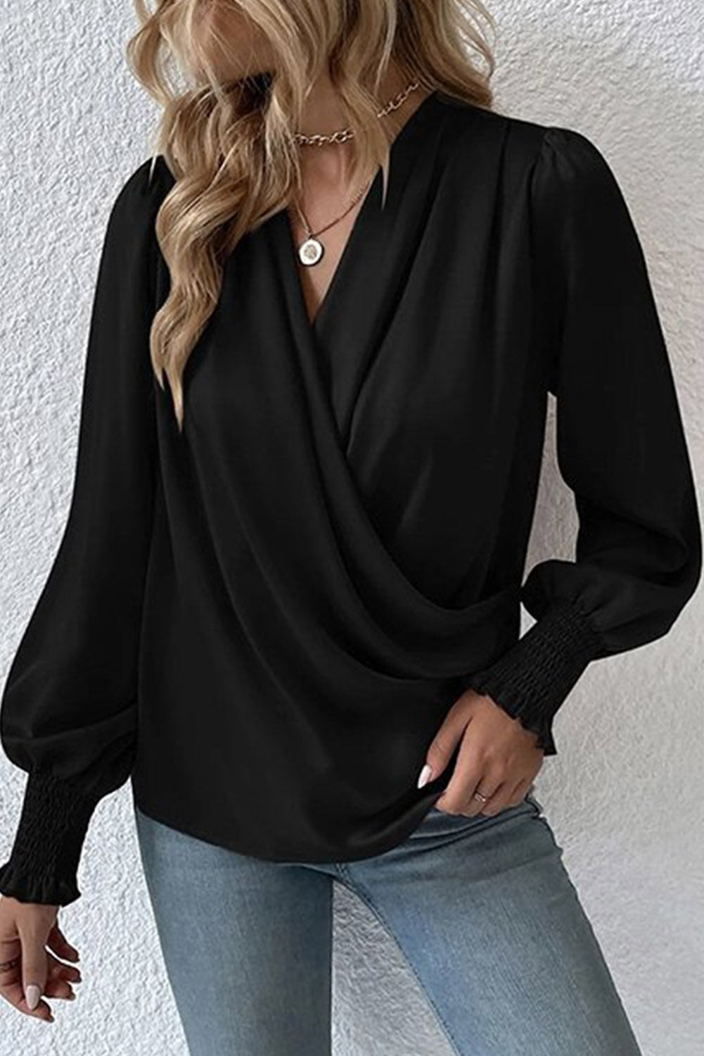 Black Basic Drape V Neck Long Sleeve Blouse for Women