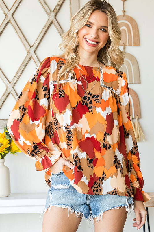 Multicolor Abstract Print Boho Ruffle Long Sleeve Blouse