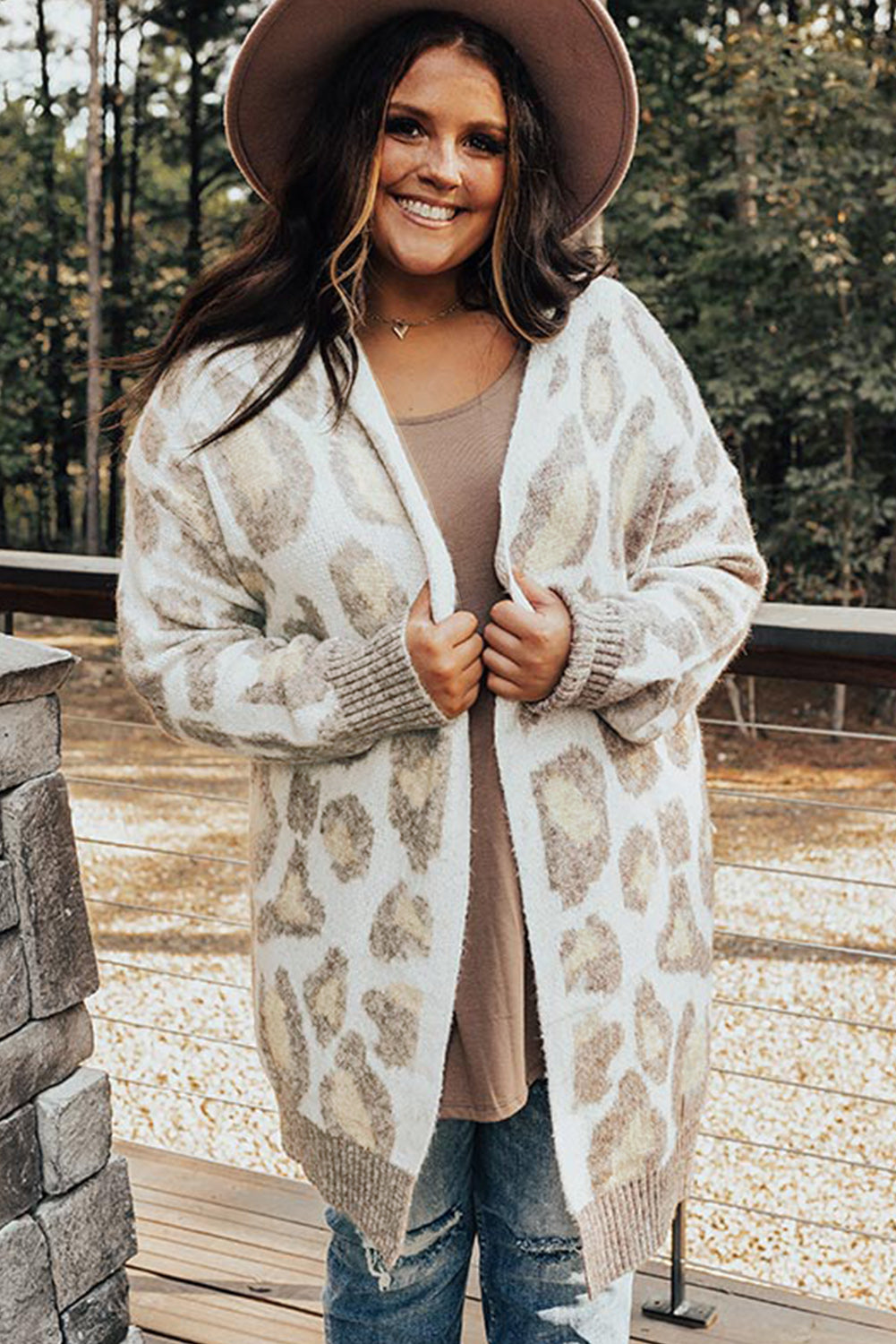 Beige Leopard Pattern Plus Size Long Cardigan