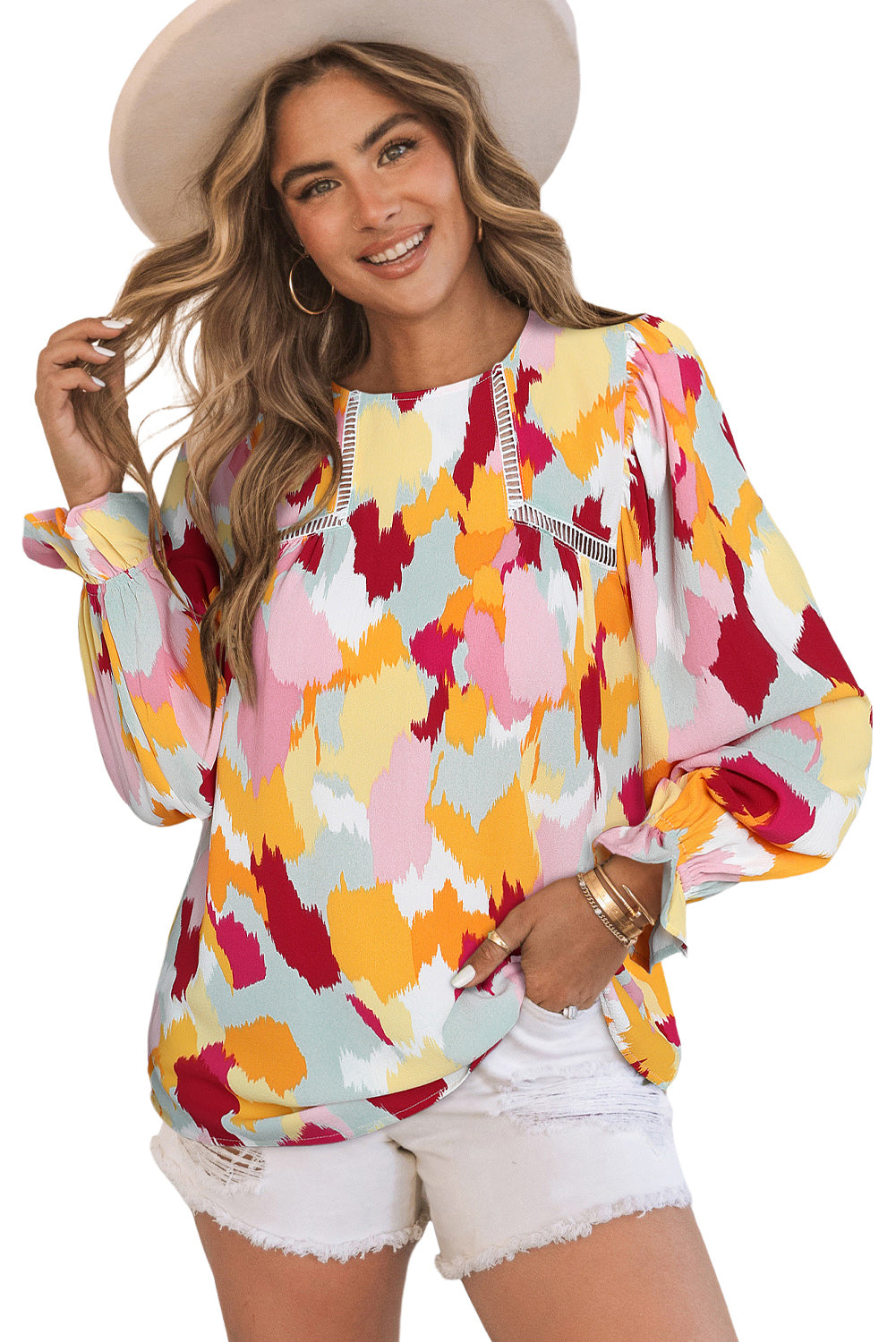 Multicolor Abstract Print Boho Ruffle Long Sleeve Blouse