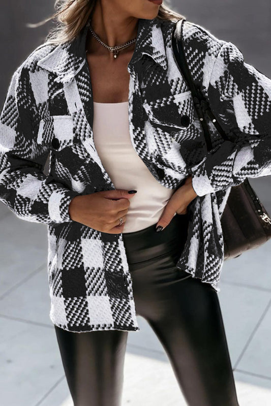 Black & White Elegant Plaid Textured Flap Pocket Shacket