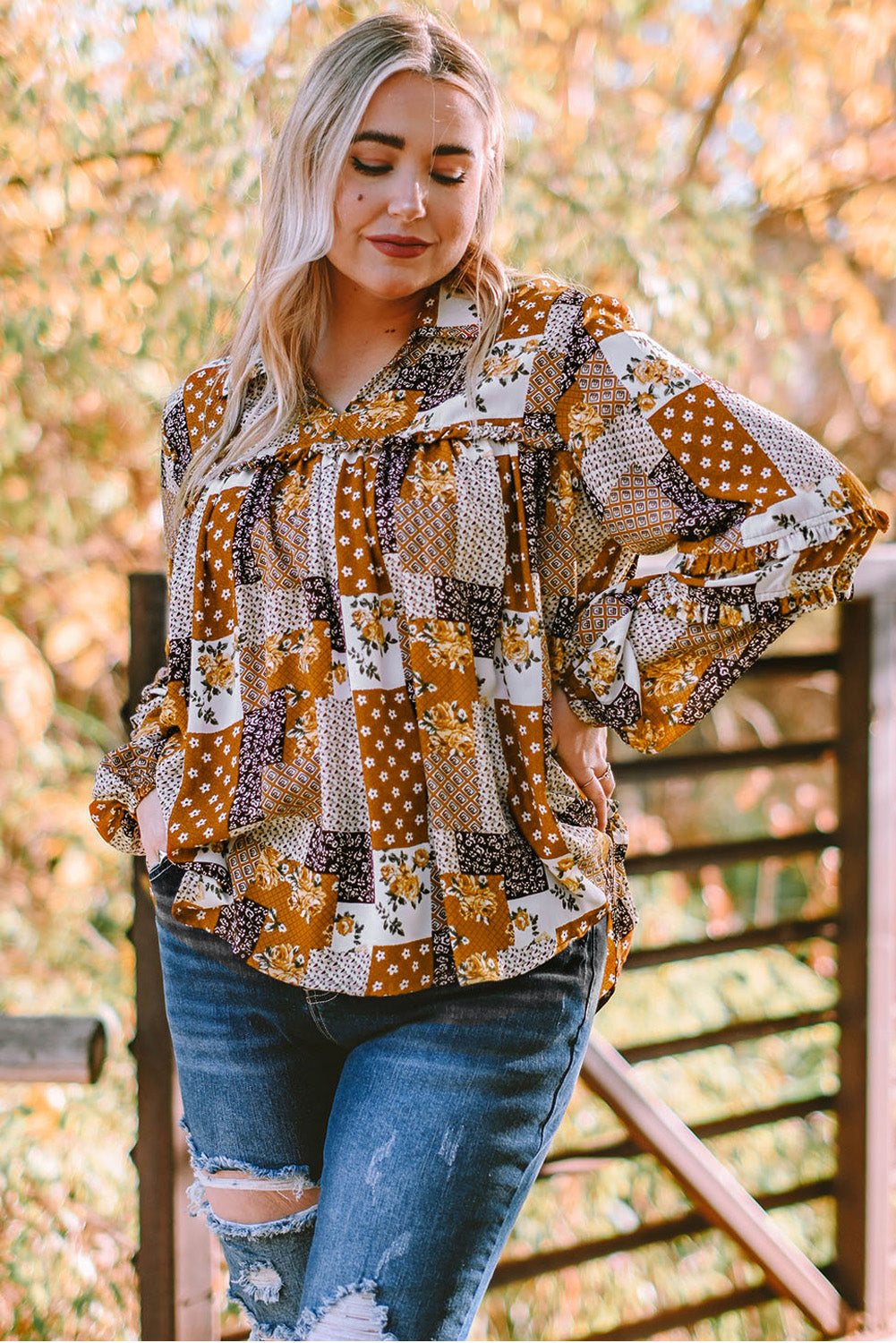 Apricot Mixed Print Turn-down Neck Plus Size Shirt