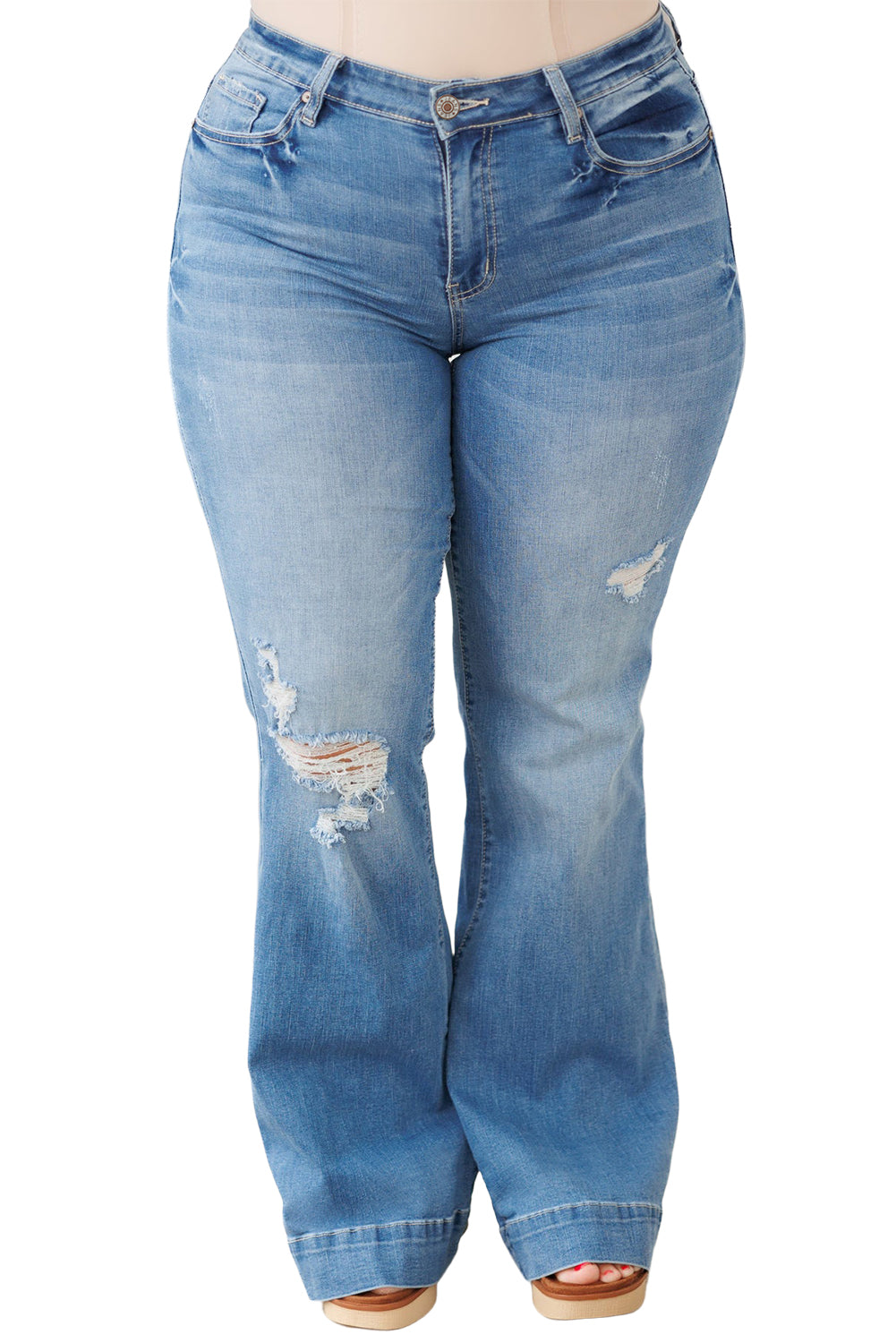 Sky Blue Distressed Bell Bottom Plus Size Jeans