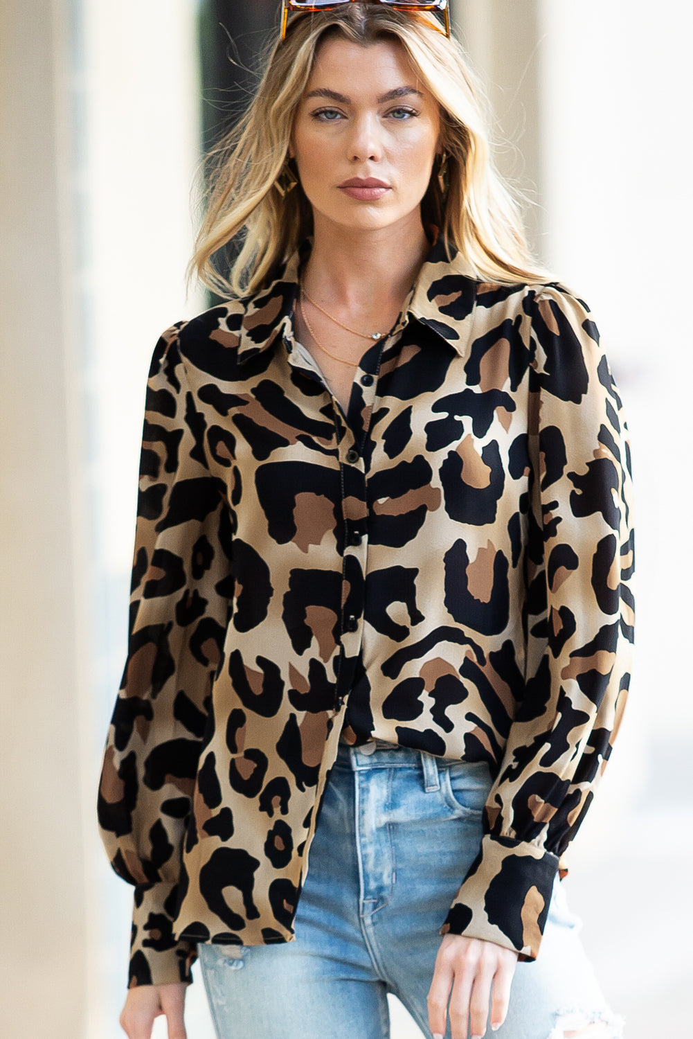 Leopard Bishop Sleeve Button Up Turn Down Collar Shirt