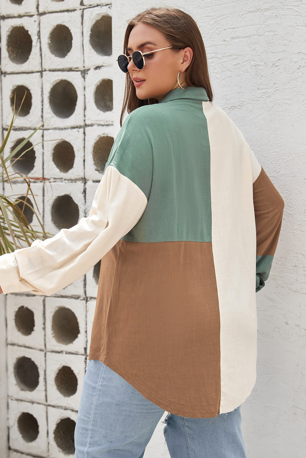 Green Colorblock Button-Up Long Sleeve Plus Size Shirt