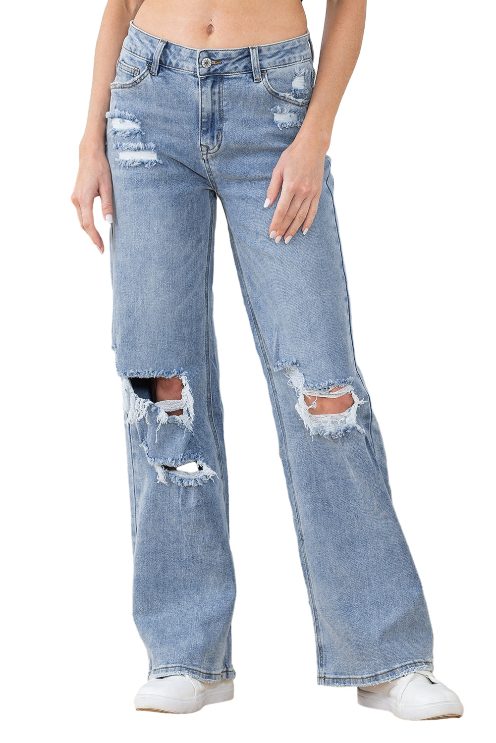 Light Blue Destroyed Ripped Casual Wide Leg Jeans