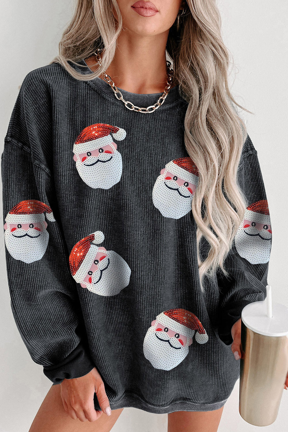 Gray Christmas Sequined Santa Claus Corded Graphic Sweatshirt