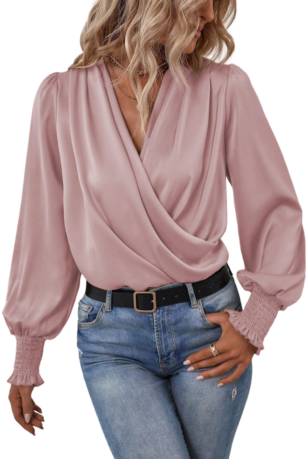 Black Basic Drape V Neck Long Sleeve Blouse for Women