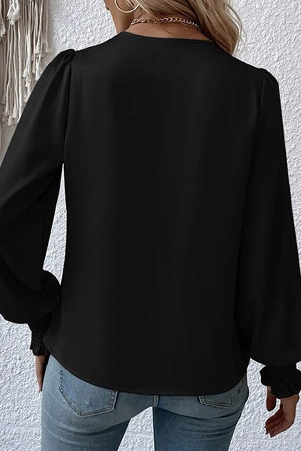 Black Basic Drape V Neck Long Sleeve Blouse for Women