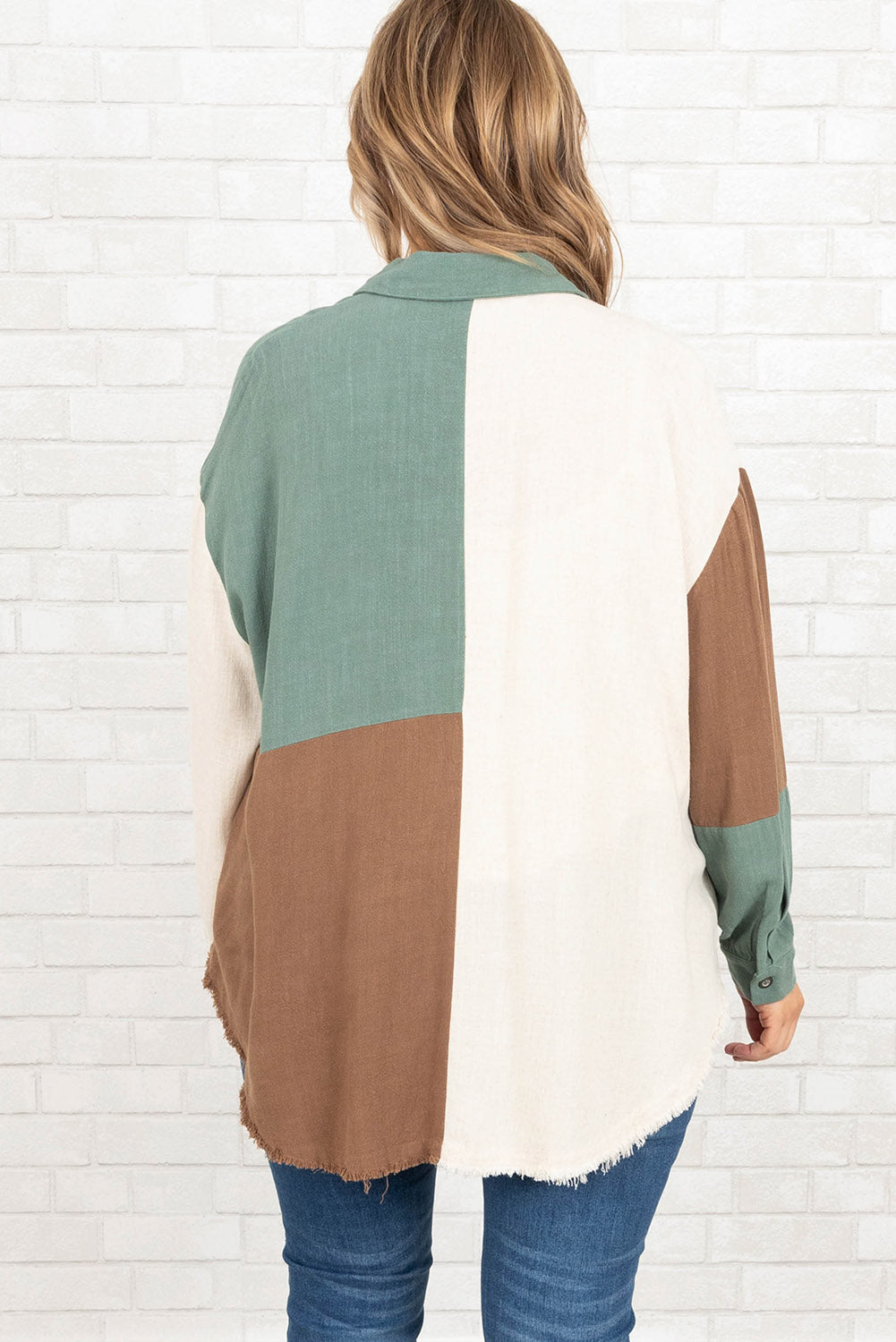 Green Colorblock Button-Up Long Sleeve Plus Size Shirt