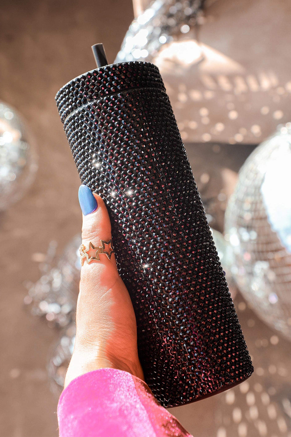 Black 16oz Full Rhinestone Straw Tumbler Cup