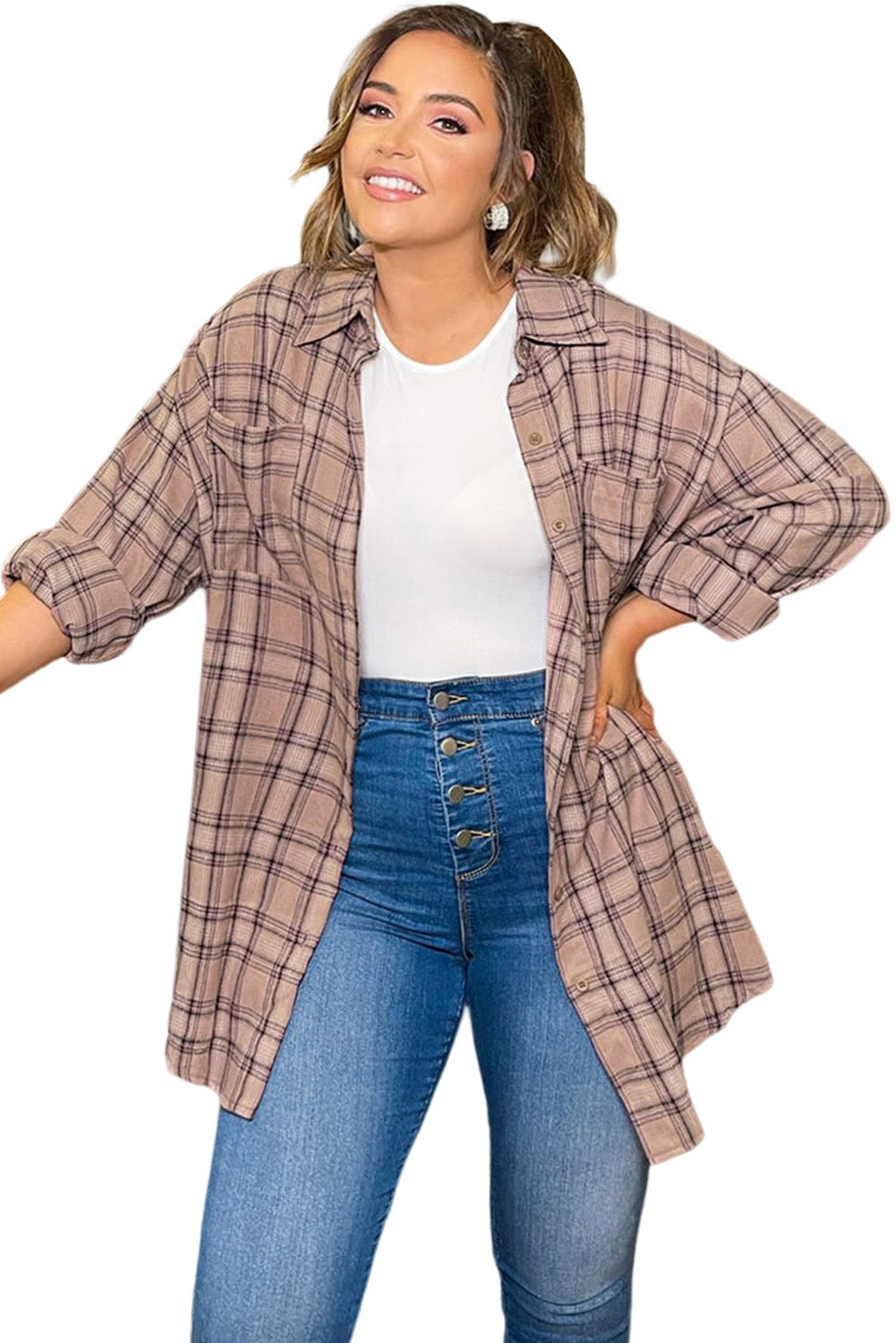 Pink Plus Size Plaid Print Buttoned Oversized Tunic Shirt