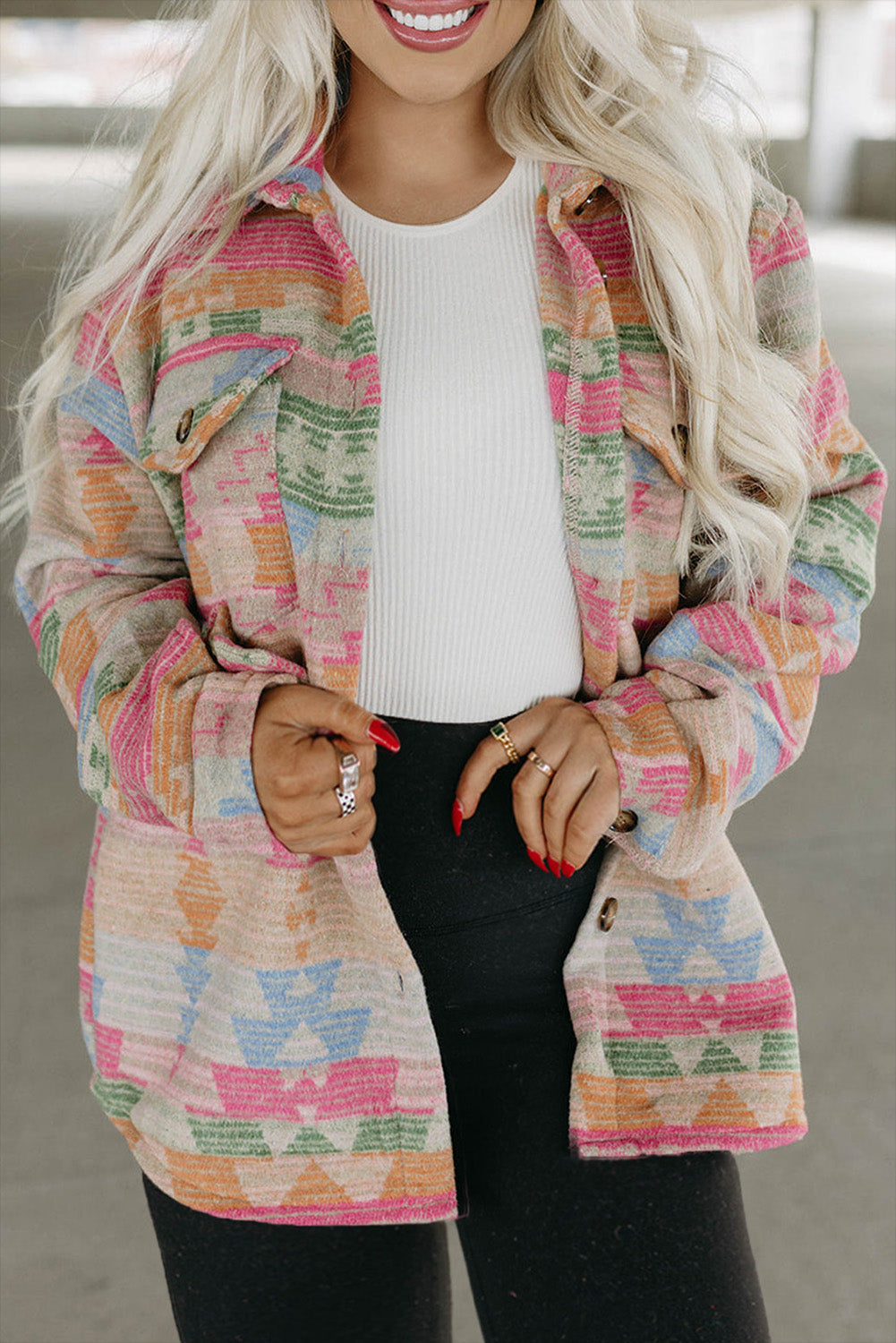 Multicolor Geometric Print Plus Size Flap Pockets Jacket