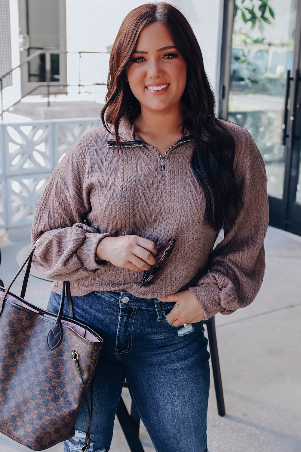 Brown Plus Size Textured Knit Zip Neck Pullover Top