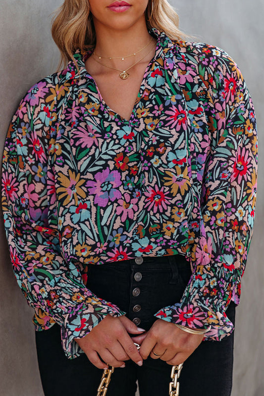 Multicolour Plus Size Floral Smocked Cuffs V Neck Blouse